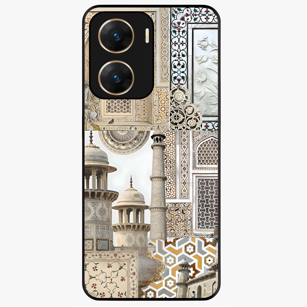 Mughal Marble Legacy Glass Case showing flat back view with intricate Mughal inspired marble pattern and glossy glass finish.