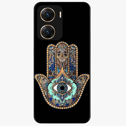 Mystic Hamsa Eye Glass Case showing flat back view with protective hamsa hand and evil eye artwork and glossy glass finish.