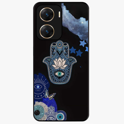 Mystic Hand Aura Glass Case showing flat back view with mystical hand symbol artwork and glossy glass finish.