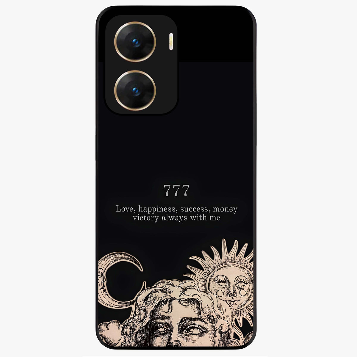 Mystic Victory Aura Glass Case showing flat back view with victory symbol artwork and glossy glass finish.