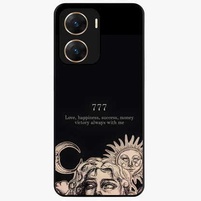 Mystic Victory Aura Glass Case showing flat back view with victory symbol artwork and glossy glass finish.