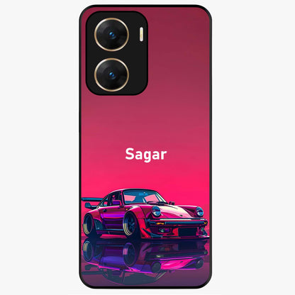 Neon Pink Porsche Glass Case showing flat back view with stylish sports car artwork and glossy glass finish.