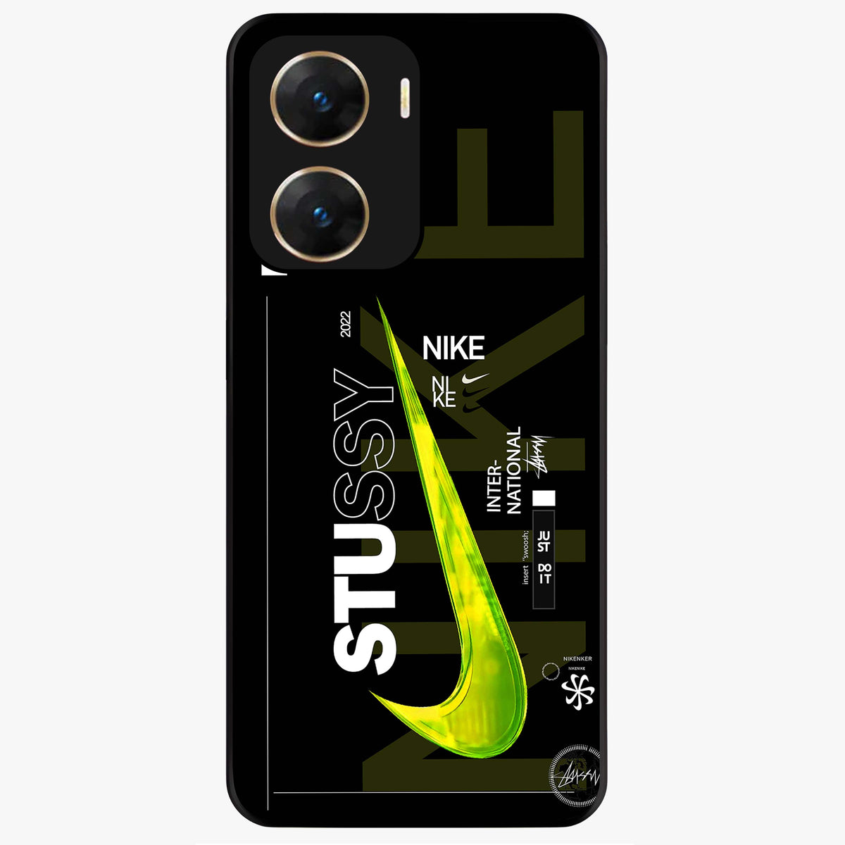 Neon Street Edition Glass Case showing flat back view with neon street style artwork and glossy glass finish.