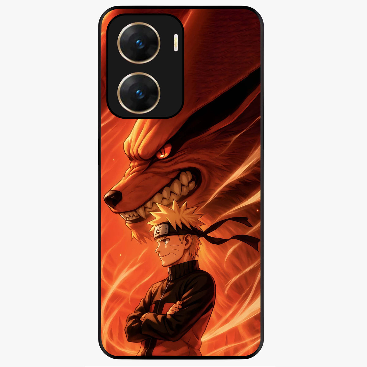 Nine Tails Legacy Glass Case showing flat back view with powerful nine-tailed fox inspired artwork and glossy glass finish.