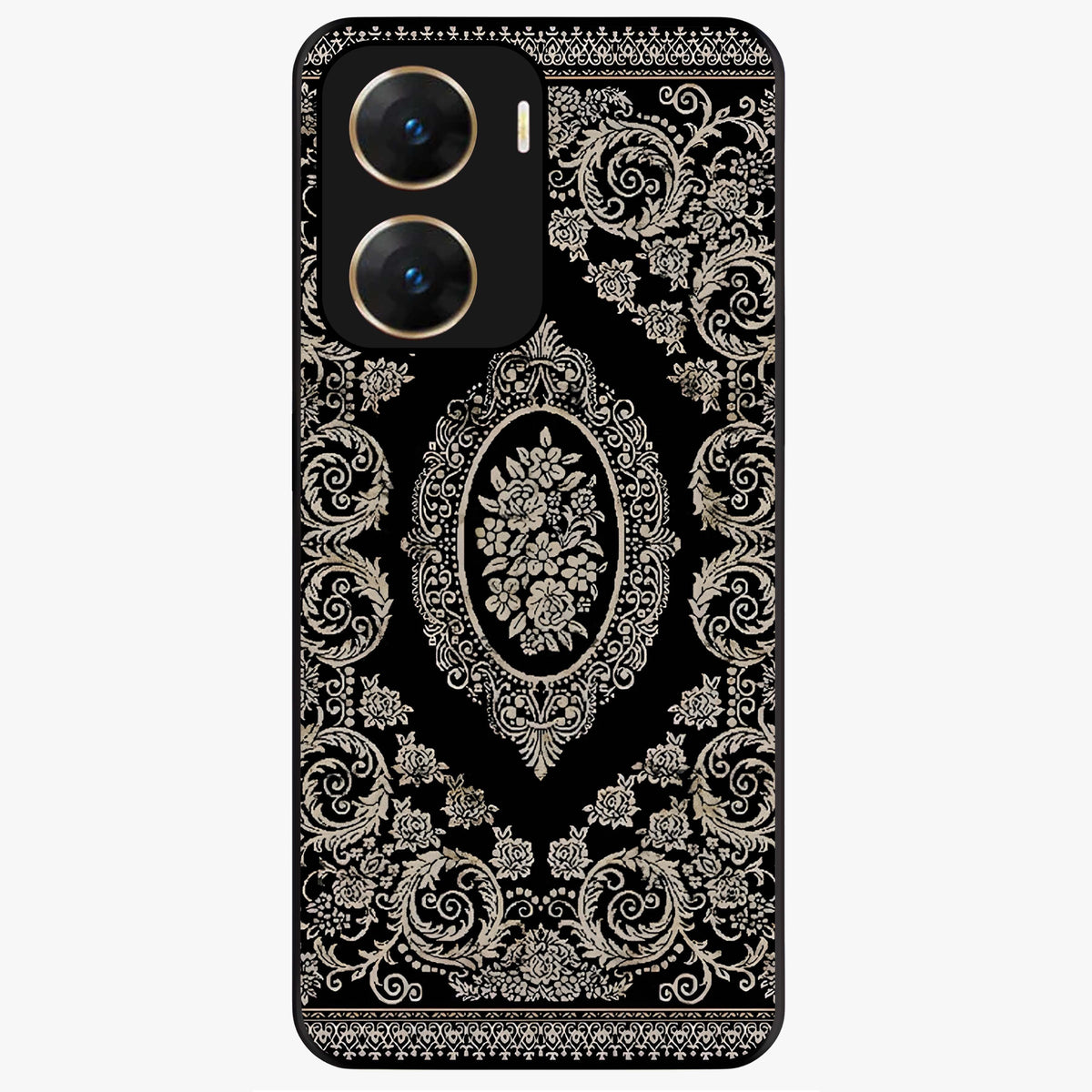 Noir Bloom Elegance Glass Case showing flat back view with elegant dark floral artwork and glossy glass finish.