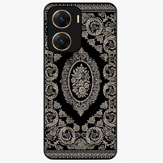 Noir Bloom Elegance Glass Case showing flat back view with elegant dark floral artwork and glossy glass finish.