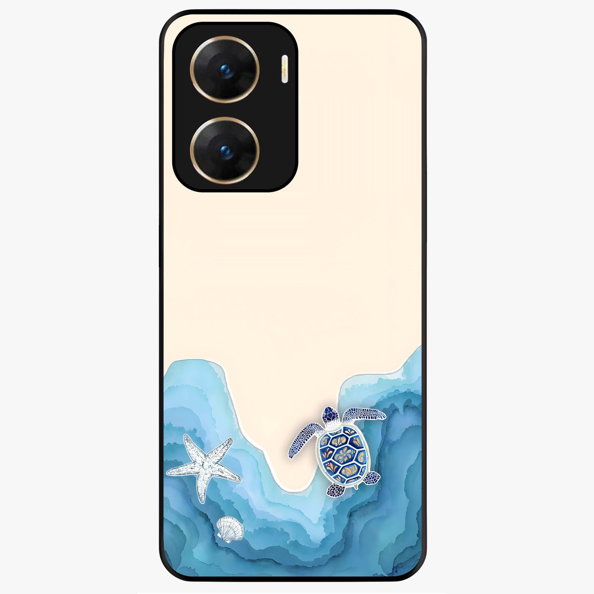 Ocean Drift Turtle Glass Case showing flat back view with sea turtle artwork and glossy glass finish.