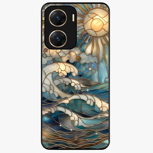 Oceanic Stained Printed Glass Case showing flat back view with ocean inspired stained pattern artwork and glossy glass finish.