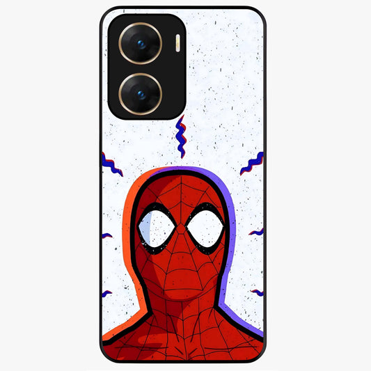 Omg Spiderman Glass Case showing flat back view with bold superhero inspired artwork and glossy glass finish.