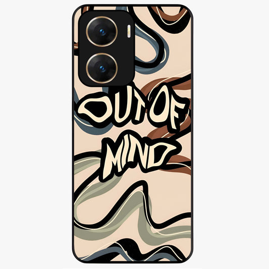 Out Of Mind Glass Case showing flat back view with expressive typography artwork and glossy glass finish.
