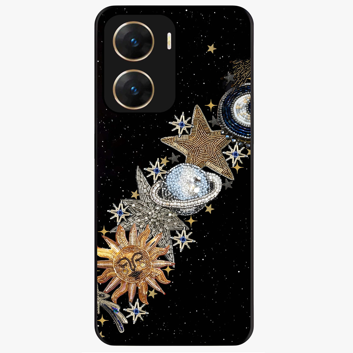 Pearls Universe Object Glass Case showing flat back view with pearl inspired cosmic artwork and glossy glass finish.
