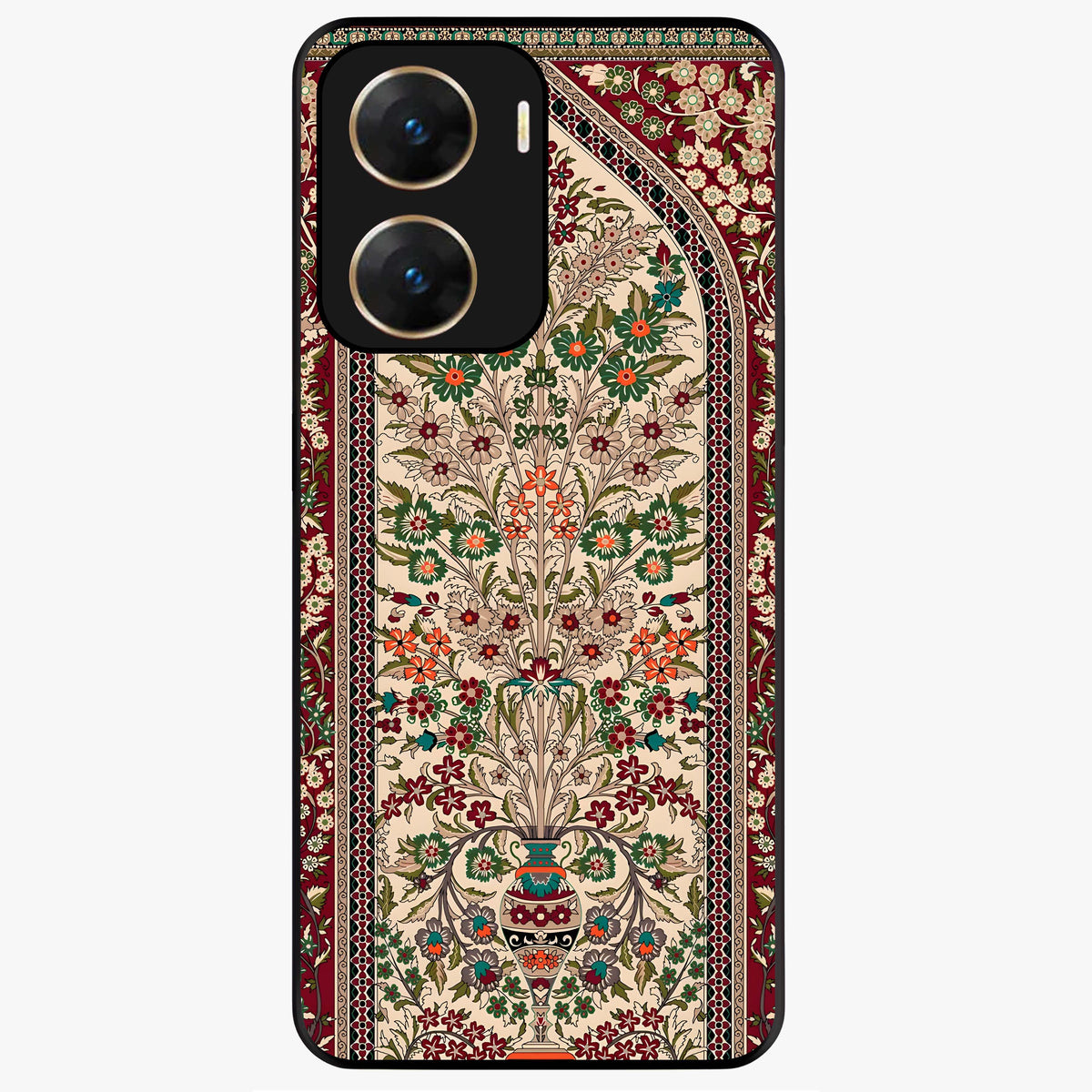Persian Inspired Glass Case showing flat back view with ornate Persian style pattern artwork and glossy glass finish.