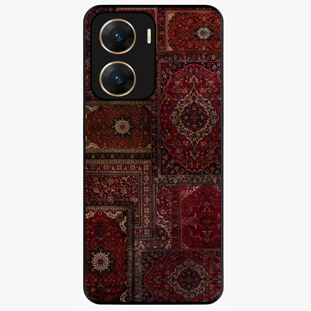 Persian Velvet Tale Glass Case showing flat back view with luxurious Persian velvet pattern artwork and glossy glass finish.