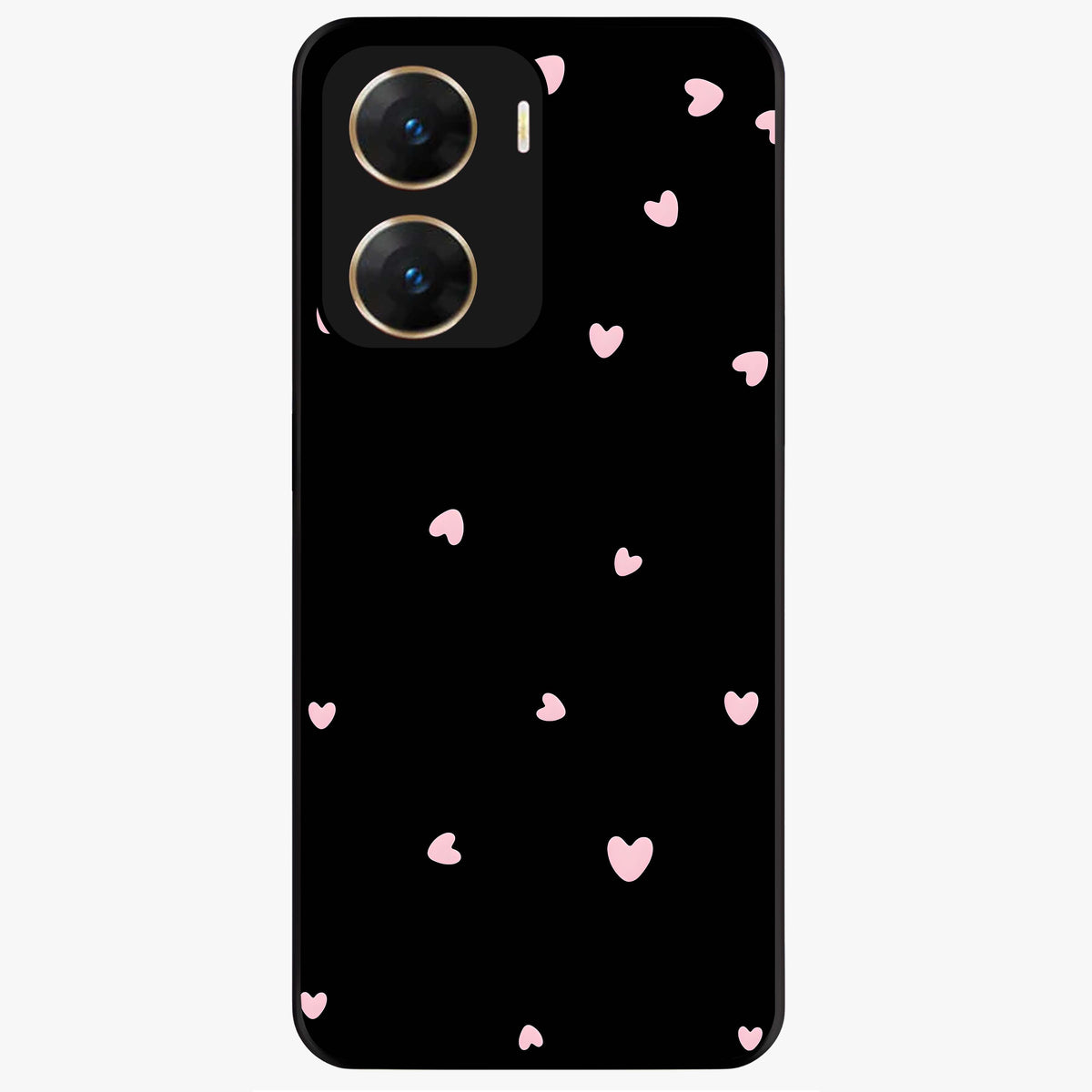 Pink Love Drops Glass Case showing flat back view with playful pink heart drops artwork and glossy glass finish.