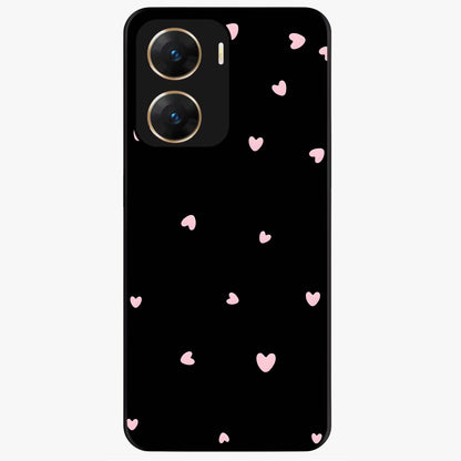 Pink Love Drops Glass Case showing flat back view with playful pink heart drops artwork and glossy glass finish.