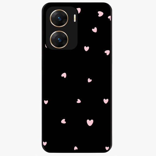 Pink Love Drops Glass Case showing flat back view with playful pink heart drops artwork and glossy glass finish.