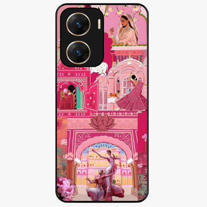 Pink Palace Muse Glass Case showing flat back view with elegant palace inspired artwork and glossy glass finish.
