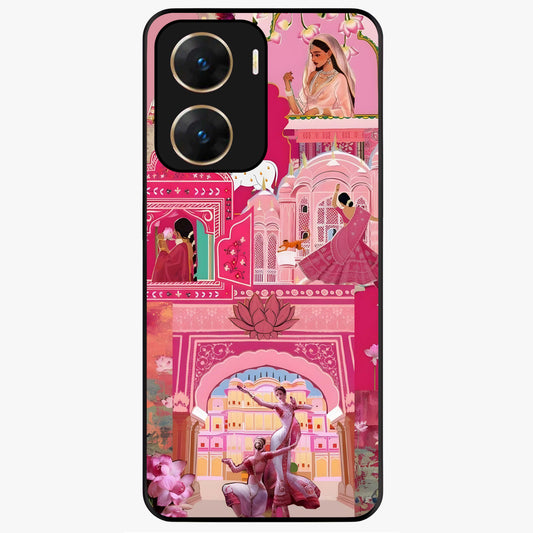 Pink Palace Muse Glass Case showing flat back view with elegant palace inspired artwork and glossy glass finish.