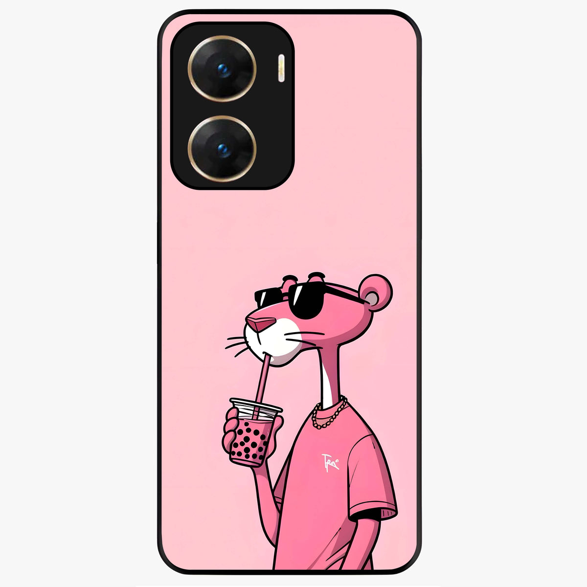 Pink Panther Glass Case showing flat back view with iconic pink panther artwork and glossy glass finish.