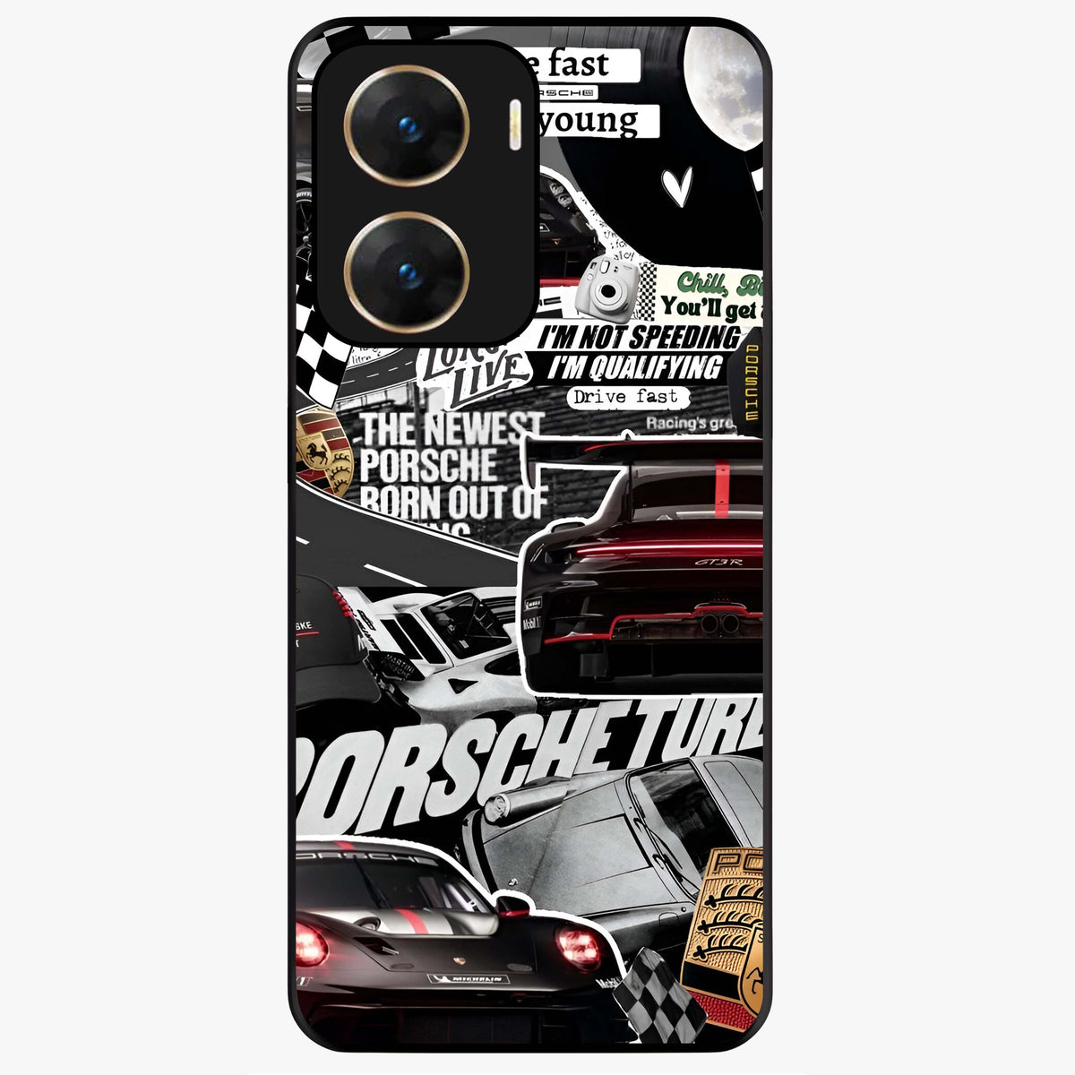 Porsche Racing Collage Glass Case showing flat back view with sports car racing collage artwork and glossy glass finish.