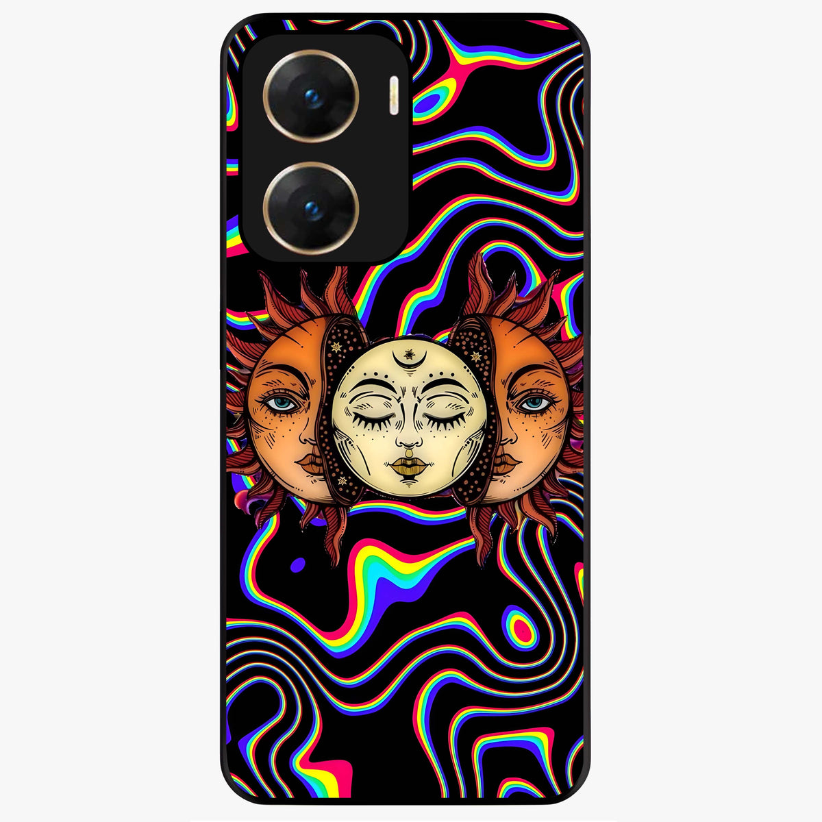 Psychedelic Sun Glass Case showing flat back view with colorful psychedelic sun artwork and glossy glass finish.