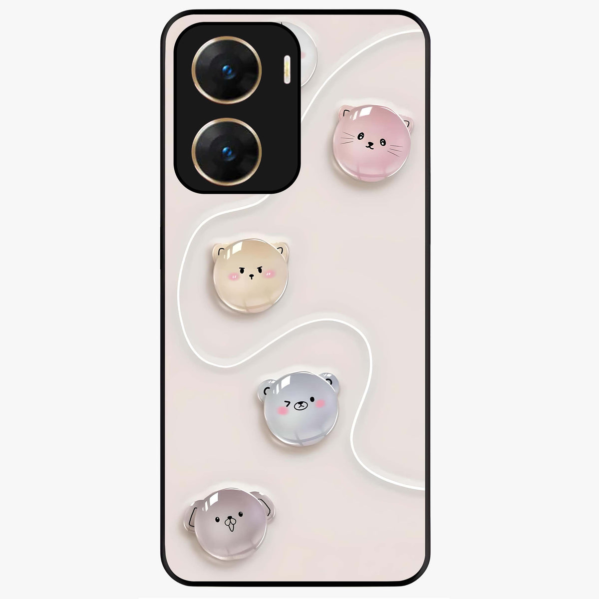 Puffy Face Parade Glass Case showing flat back view with cute puffy character faces artwork and glossy glass finish.