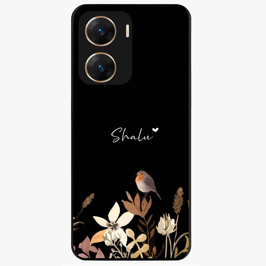 Quiet Garden Tune Custom Name Glass Case showing flat back view with peaceful garden artwork and personalized name design.