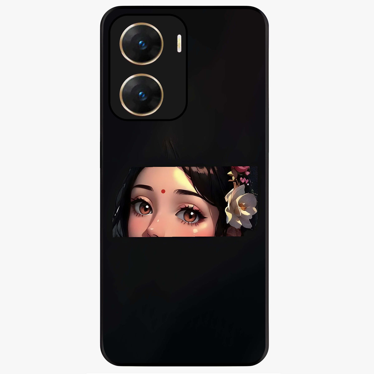 Radha Divine Embrace Glass Case showing flat back view with devotional Radha artwork and glossy glass finish.
