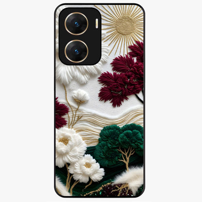 Radiant Bloom Elegance Glass Case showing flat back view with elegant blooming flower artwork and glossy glass finish.
