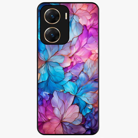 Radiant Floral Whirl Glass Case showing flat back view with swirling floral artwork and glossy glass finish.