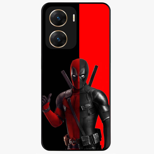 Red & Black Deadpool Theme Glass Case showing flat back view with bold comic inspired artwork and glossy glass finish.