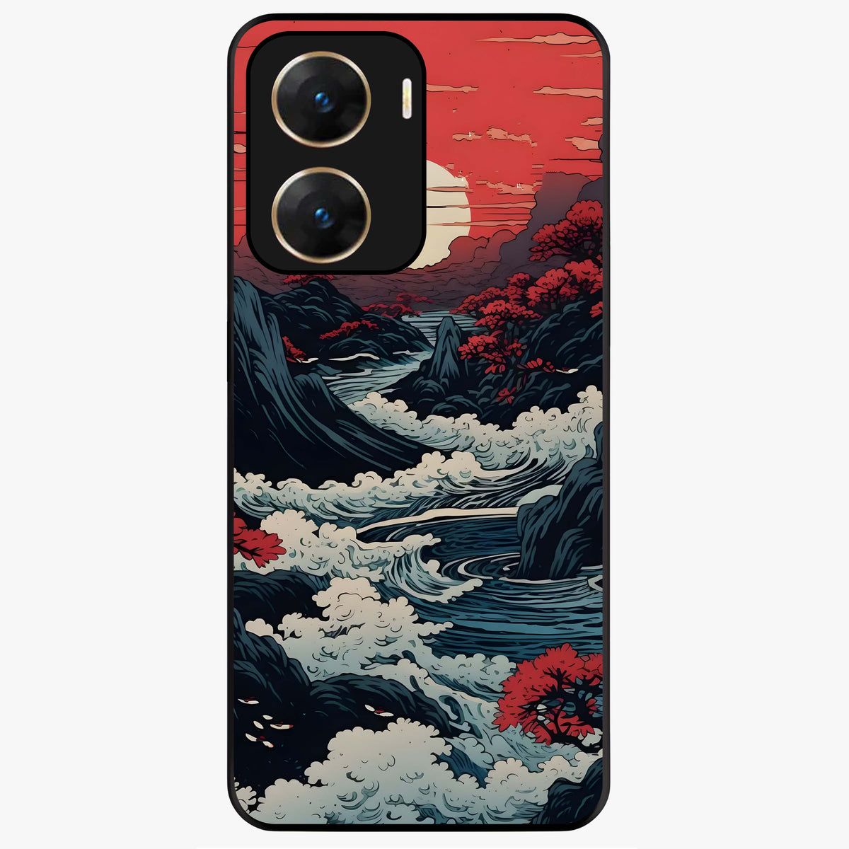 Red Sunset Scenery Glass Case showing flat back view with vibrant sunset landscape artwork and glossy glass finish.
