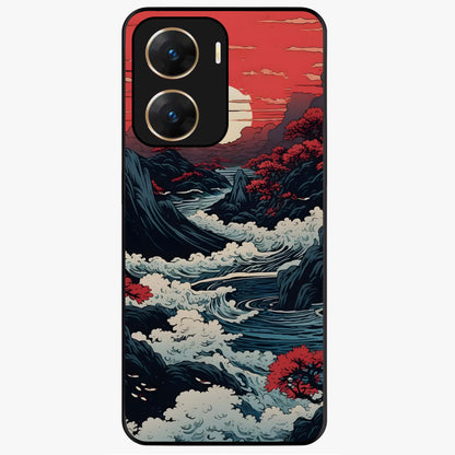 Red Sunset Scenery Glass Case showing flat back view with vibrant sunset landscape artwork and glossy glass finish.