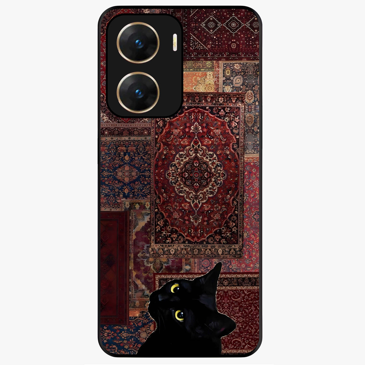 Regal Magic Cat Apple Glass Case showing flat back view with magical cat artwork holding apple and glossy glass finish.