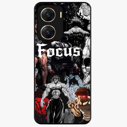 Relentless Power Focus Glass Case showing flat back view with motivational typography artwork and glossy glass finish.