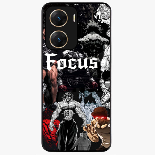 Relentless Power Focus Glass Case showing flat back view with motivational typography artwork and glossy glass finish.