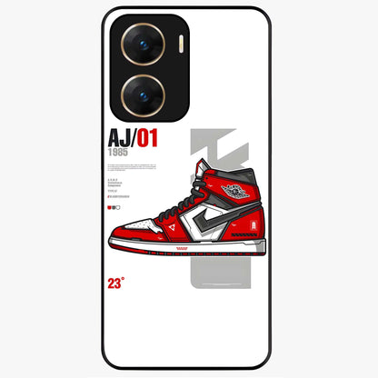 Retro Sneaker Blueprint Glass Case showing flat back view with sneaker blueprint style artwork and glossy glass finish.