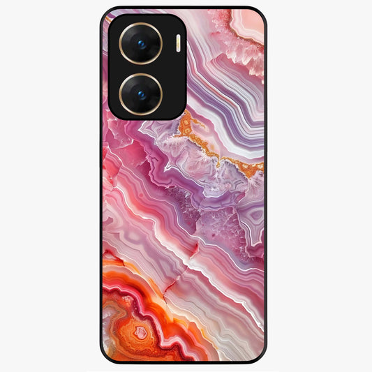 Rose Quartz Marble Glass Case showing flat back view with pink marble quartz texture artwork and glossy glass finish.