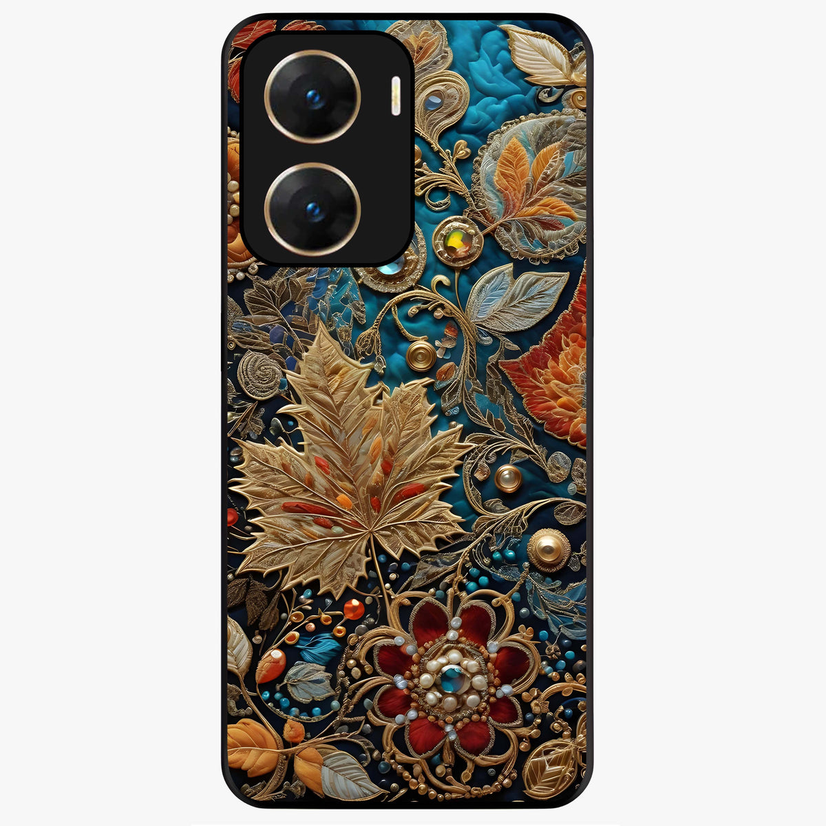 Royal Jewel Garden Glass Case showing flat back view with decorative floral garden artwork and glossy glass finish.