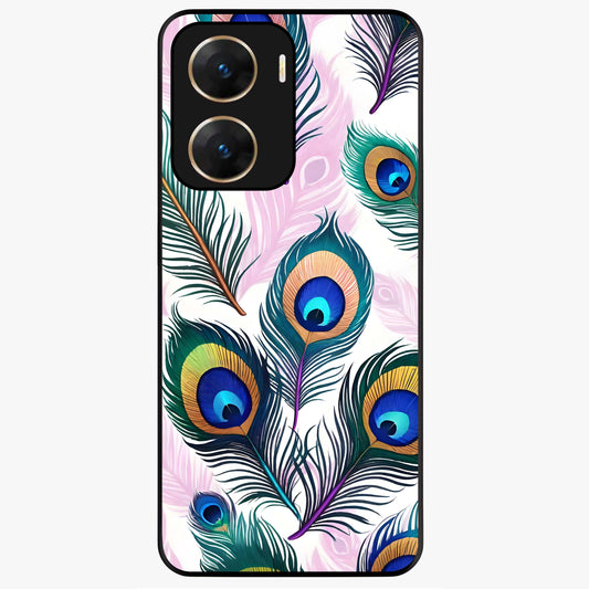 Royal Peacock Feathers Glass Case showing flat back view with colorful peacock feather artwork and glossy glass finish.