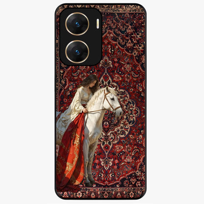 Royal Rider Tapestry Glass Case showing flat back view with majestic horse rider tapestry artwork and glossy glass finish.