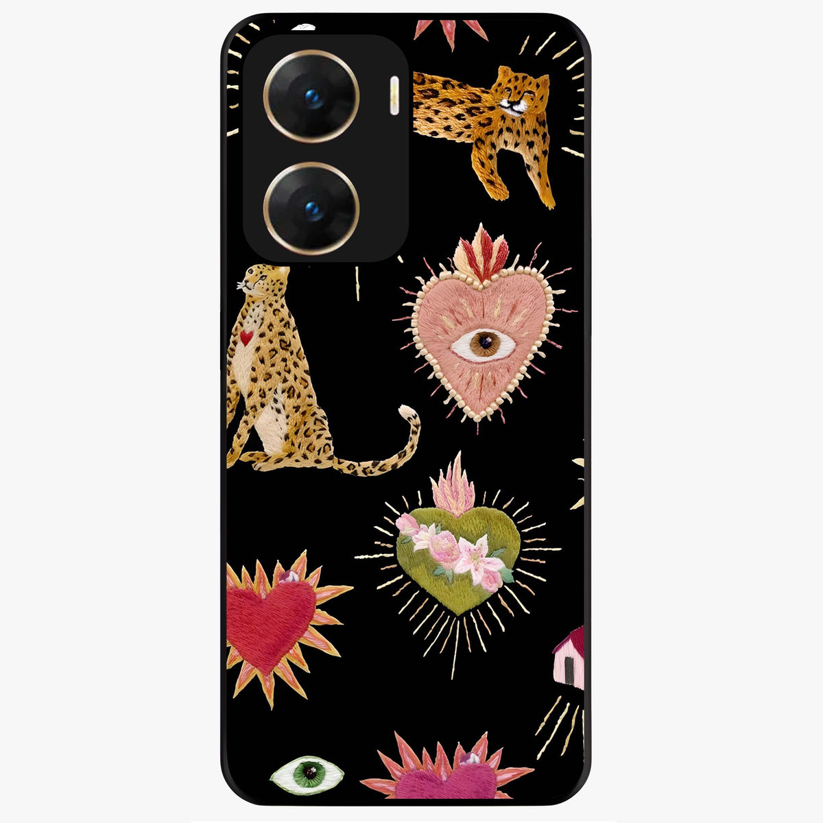 Sacred Jungle Heart Glass Case showing flat back view with jungle inspired heart artwork and glossy glass finish.