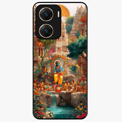 Sacred Sunlight Gods Glass Case showing flat back view with divine sunlight themed artwork and glossy glass finish.