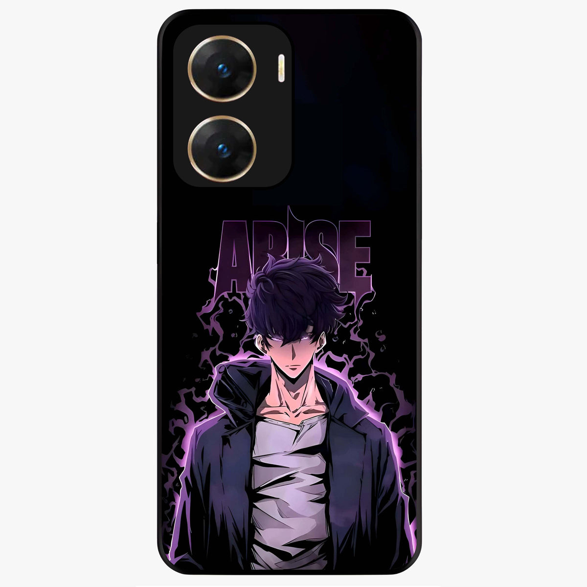 Shadow Monarch Awakening Glass Case showing flat back view with powerful dark monarch themed artwork and glossy glass finish.