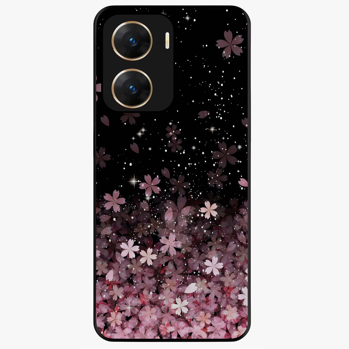 Small Starry Flowers Glass Case showing flat back view with delicate starry floral artwork and glossy glass finish.