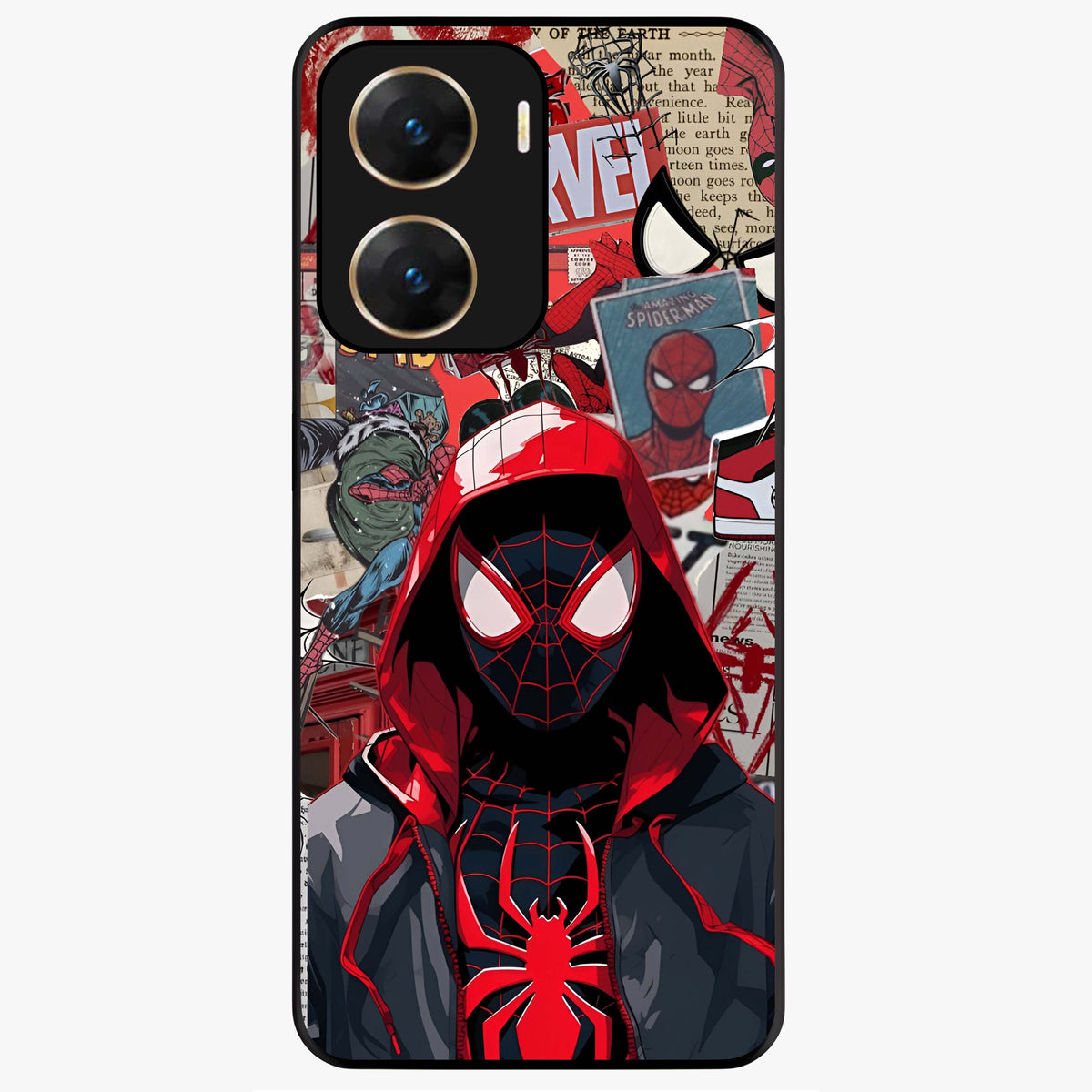 Spider Collage Street Glass Case showing flat back view with vibrant superhero collage artwork and glossy glass finish.