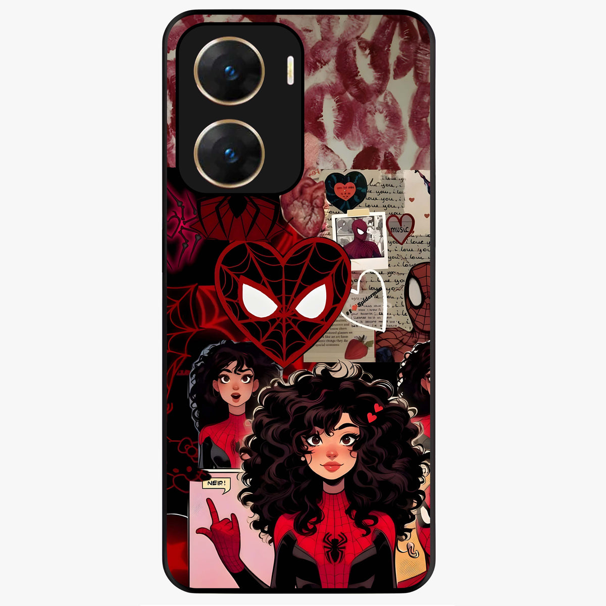 Spider Love Story Glass Case showing flat back view with romantic superhero themed artwork and glossy glass finish.