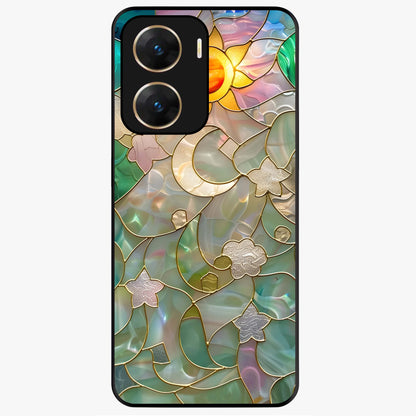 Stained Sunrise Glow Glass Case showing flat back view with glowing sunrise stained pattern artwork and glossy glass finish.