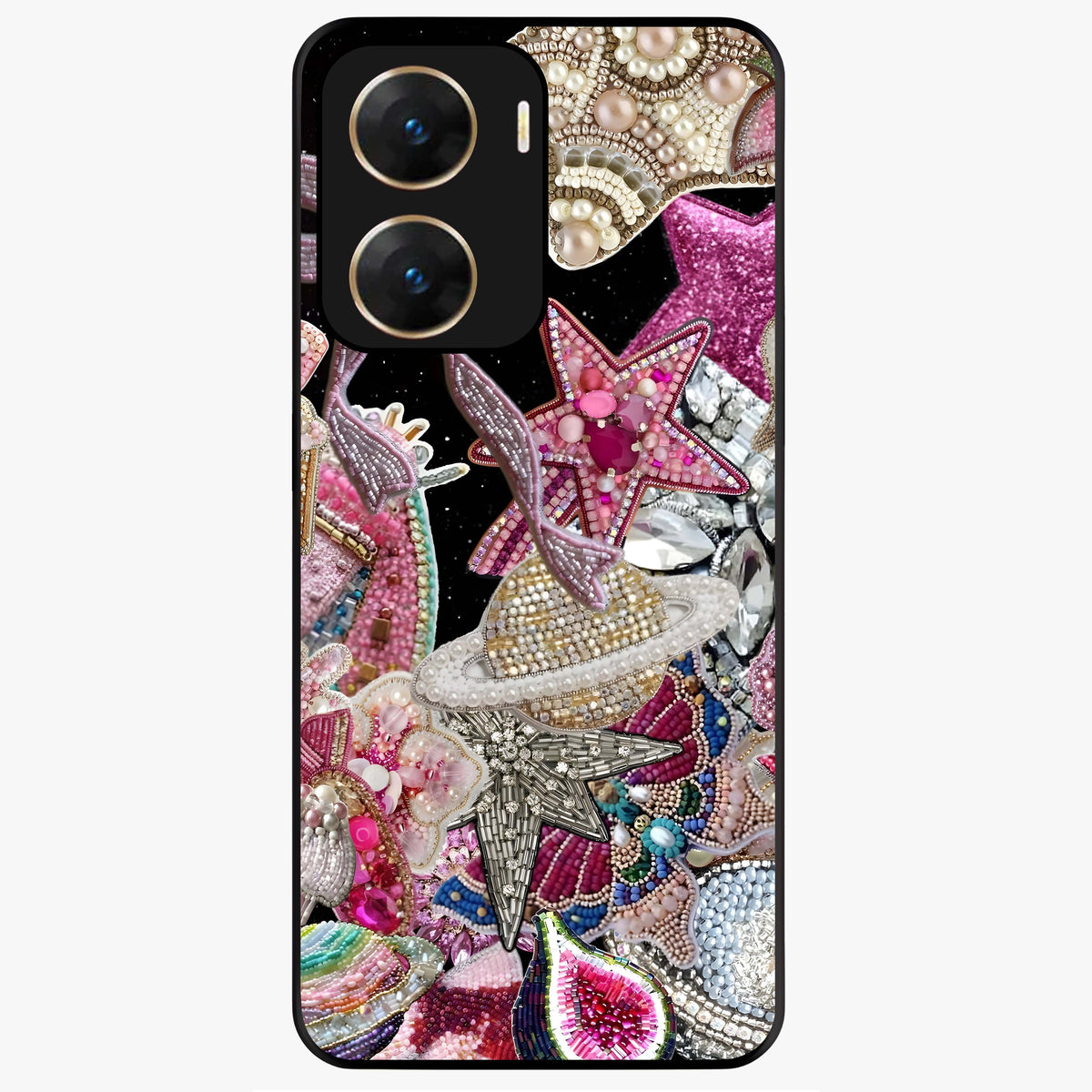 Starlit Jewel Dream Glass Case showing flat back view with sparkling jewel and star themed artwork and glossy glass finish.