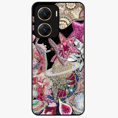 Starlit Jewel Dream Glass Case showing flat back view with sparkling jewel and star themed artwork and glossy glass finish.